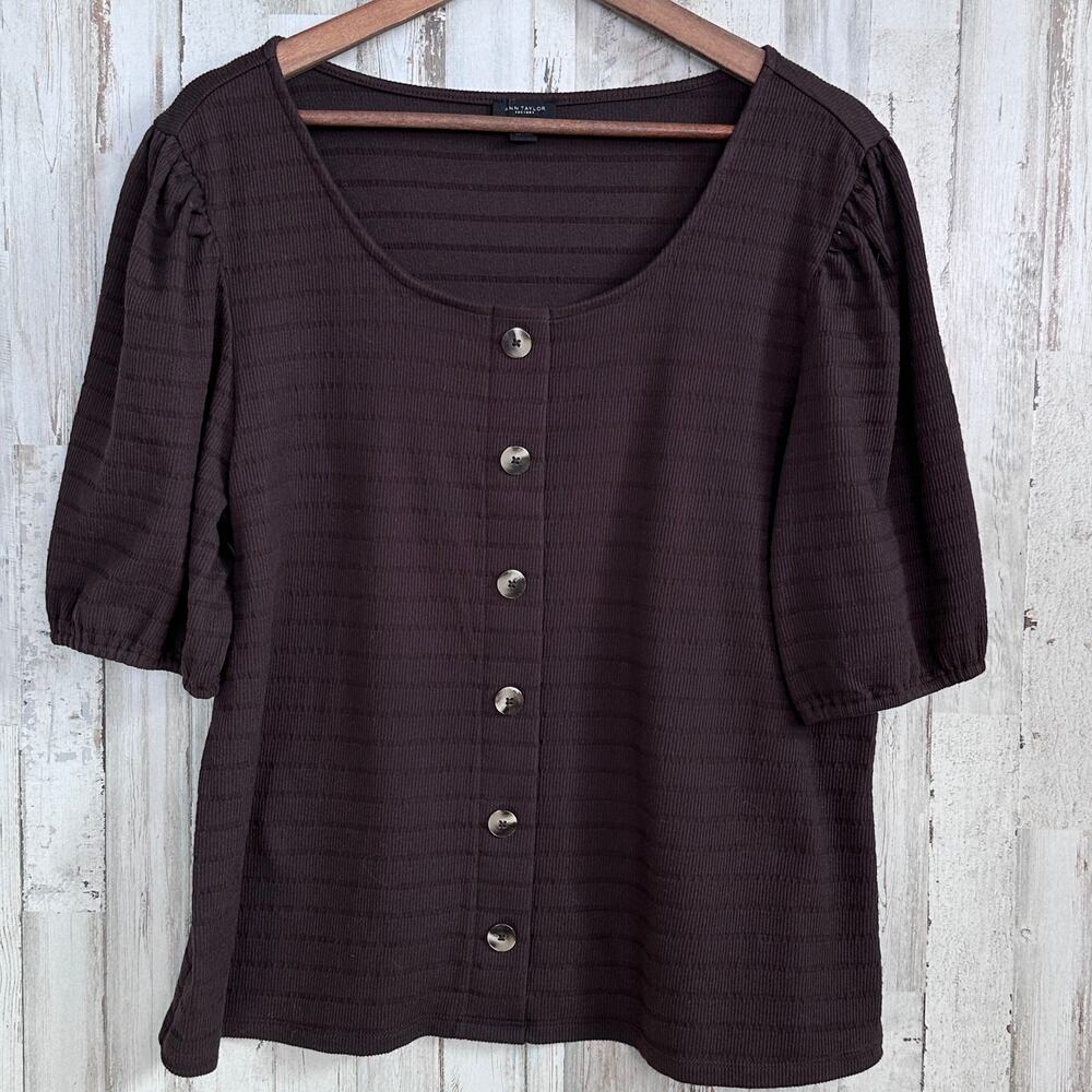 Ann Taylor Cotton Blend Puff Sleeve Ribbed Top Buttons XL Chocolate Brown EUC